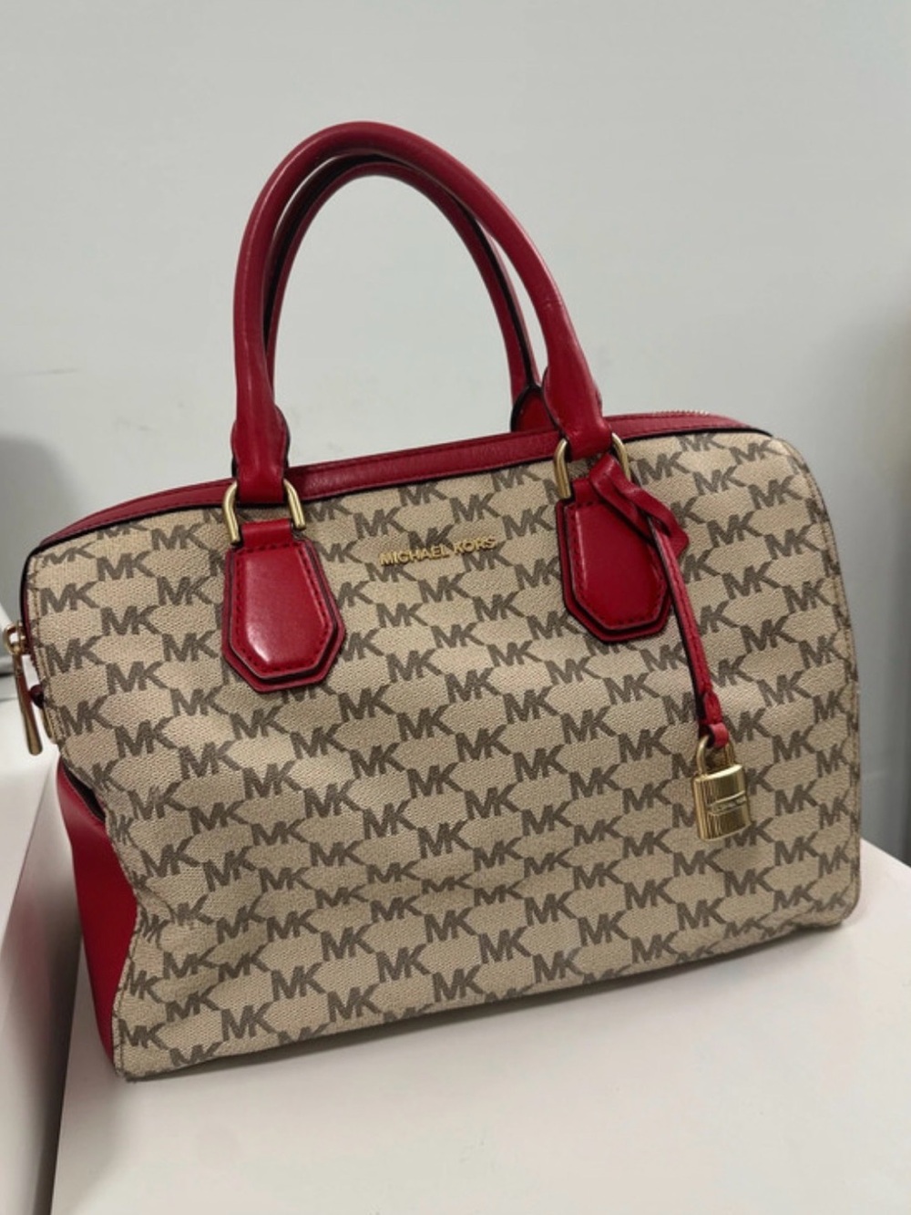 Michael Kors Beige MK Logo Satchel with Red Trim
